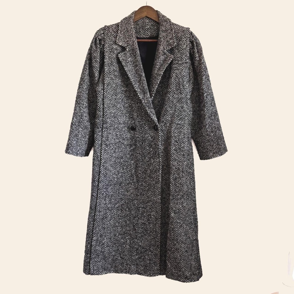 Vintage Black & White Wool Tweed Long Coat